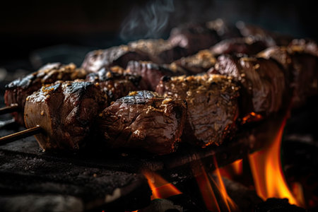 close-up of charred beef shishkabob with sizzling grill marks, created with generative aiの素材