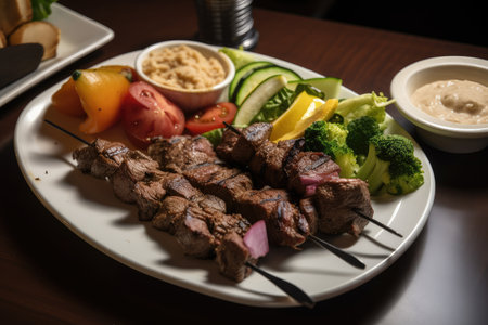 plate of grilled beef shishkabob, served with chopped vegetables and hummus, created with generative aiの素材