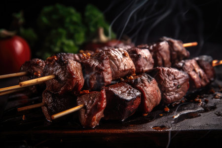 close-up of grilled beef shishkabob, with juicy and tender meat on skewer, created with generative aiの素材