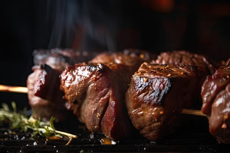 close-up of grilled beef shishkabob, with juicy and tender meat on skewer, created with generative aiの素材