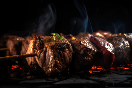 close-up of juicy grilled beef shishkabob, with lights and shadows playing on the meat, created with generative aiの素材