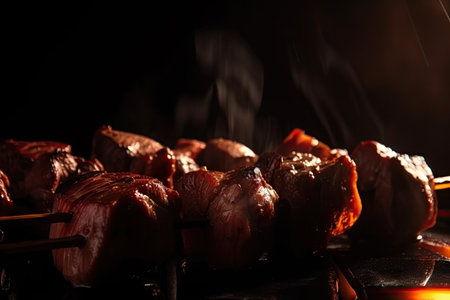 close-up of juicy grilled beef shishkabob, with lights and shadows playing on the meat, created with generative aiの素材