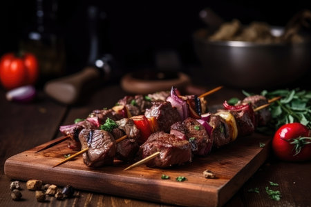 skewer of grilled beef shishkabob, ready for the barbecue party, created with generative aiの素材