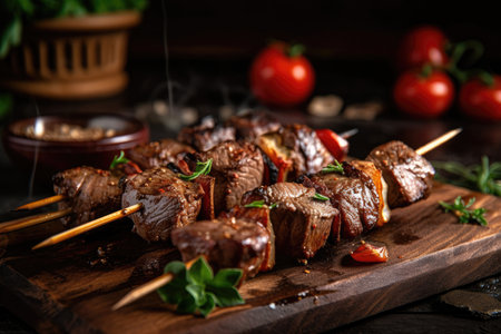 skewer of grilled beef shishkabob, ready for the barbecue party, created with generative aiの素材