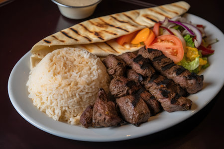 plate of grilled beef shishkabob with sides of rice, hummus and pita bread, created with generative aiの素材