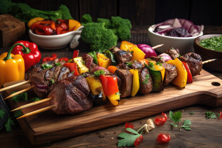 grilled beef shishkabob on wooden skewer, surrounded by colorful vegetable and fruit slices, created with generative aiの素材