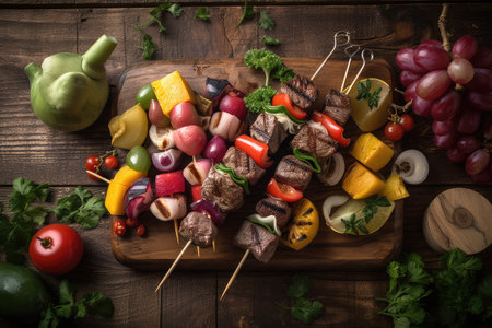 grilled beef shishkabob on wooden skewer, surrounded by colorful vegetable and fruit slices, created with generative aiの素材