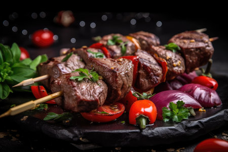 grilled beef shishkabob on skewer with slices of juicy red meat, fresh vegetables and herbs, created with generative aiの素材