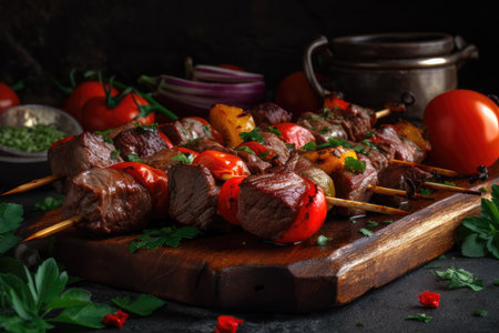 grilled beef shishkabob on skewer with slices of juicy red meat, fresh vegetables and herbs, created with generative aiの素材