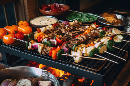 grill with variety of fresh ingredients and sauces to make unique shishkabob, created with generative aiの素材