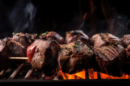 close-up of grilled beef shishkabob, with sizzling and smoke, created with generative aiの素材