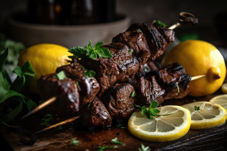 stack of grilled beef shishkabob with slice of lemon and sprigs of fresh herbs, created with generative aiの素材
