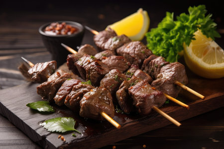 grilled beef shishkabob with squeeze of fresh lemon juice and sprinkle of fresh herbs, created with generative aiの素材