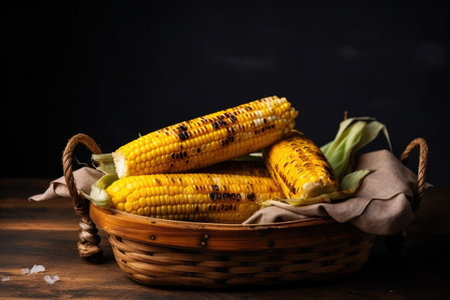 grilled corn with spiced butter, served in rustic wooden basket, created with generative aiの素材