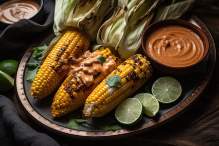 a platter of grilled corn, topped with tangy and creamy chipotle sauce, created with generative aiの素材