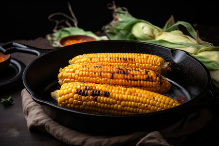 grilled corn in a skillet, hot and ready to be enjoyed, created with generative aiの素材