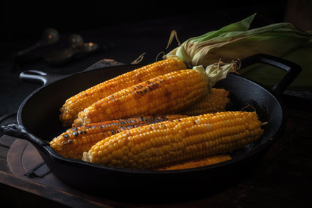 grilled corn in a skillet, hot and ready to be enjoyed, created with generative aiの素材