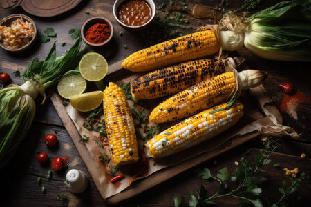 grilled corn with variety of toppings, including fresh herbs, spices, and cheese, created with generative aiの素材