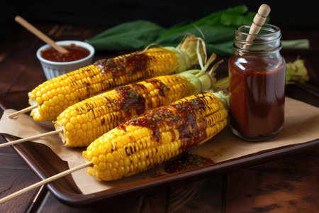 grilled corn on a stick, drizzled with sweet & tangy sauce, created with generative aiの素材