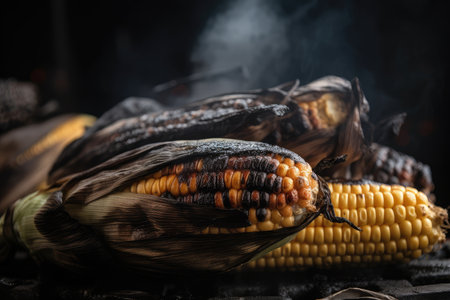 close-up of grilled corn, with smoke and char marks visible, created with generative aiの素材