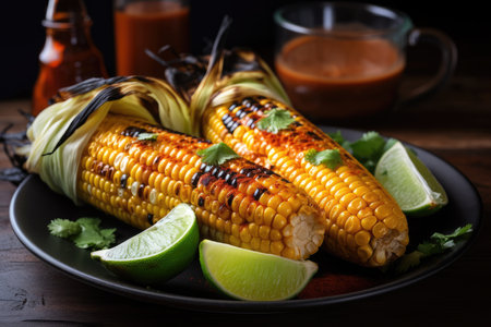 grilled corn served with spicy sriracha sauce and tangy lime, created with generative aiの素材