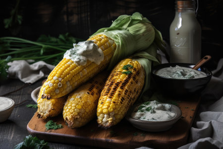 grilled corn, topped with creamy and tangy dill sauce, created with generative aiの素材