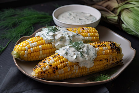 grilled corn, topped with creamy and tangy dill sauce, created with generative aiの素材