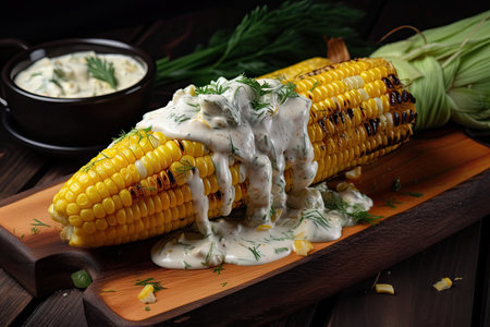 grilled corn, topped with creamy and tangy dill sauce, created with generative aiの素材