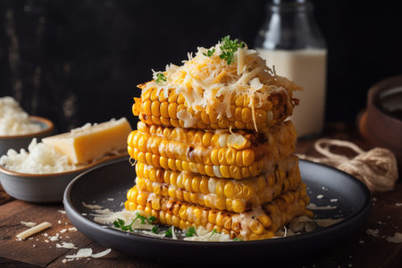 grilled corn stacked in tower, drizzled with butter and sprinkled with cheese, created with generative aiの素材
