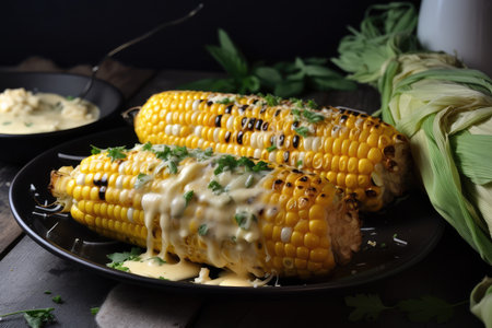grilled corn on the cob, drizzled with rich and creamy melted cheese, created with generative aiの素材