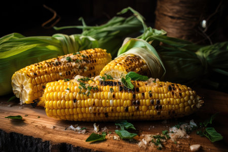 grilled corn, drizzled with warm and sweet honey, and sprinkled with fresh herbs, created with generative aiの素材