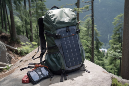 hiking backpack with solar panels, charging devices, and other gadgets, created with generative aiの素材