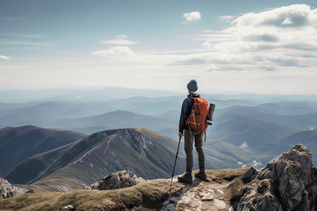 hiker, stopping to take in the view from a mountain summit, created with generative aiの素材