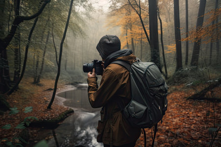 hiker, with backpack and camera, capturing the beauty of nature, created with generative aiの素材