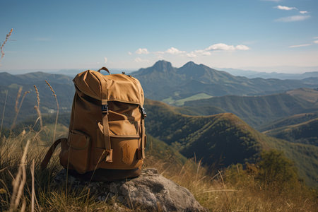 hiking backpack, with view of mountain range and clear blue sky, created with generative aiの素材