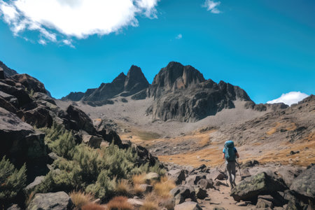 hiker with towering mountains and blue skies in the background, created with generative aiの素材