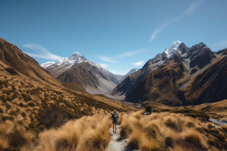 hiker with towering mountains and blue skies in the background, created with generative aiの素材
