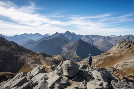 hiker with towering mountains and blue skies in the background, created with generative aiの素材