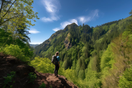 hiker enjoying a sunny day with clear blue skies and lush green trees in the background, created with generative aiの素材