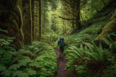 hiker, with backpack and camera, on trail through lush forest, created with generative aiの素材