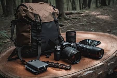 backpack with camera and camera accessories, ready for outdoor adventure, created with generative aiの素材