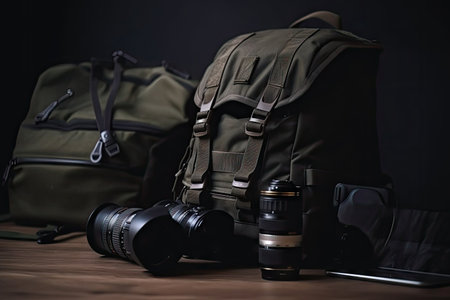 backpack with camera and camera accessories, ready for outdoor adventure, created with generative aiの素材