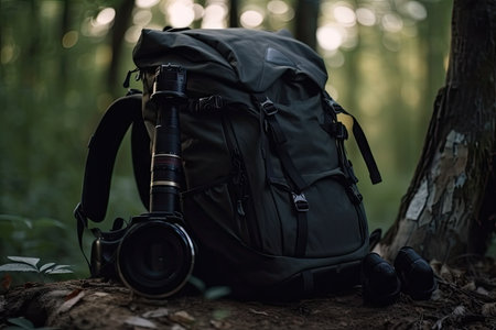 backpack with camera and camera accessories, ready for outdoor adventure, created with generative aiの素材