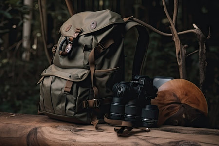 backpack with camera and camera accessories, ready for outdoor adventure, created with generative aiの素材
