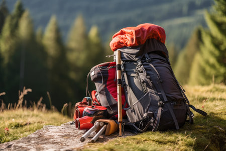 hiking backpack with trekking poles and other essential hiking gear, created with generative aiの素材