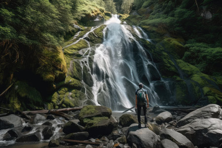 backpacker stumbles upon serene waterfall in the middle of a hike, created with generative aiの素材