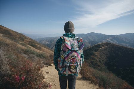 trippy geometric print backpack on hike through mountains, created with generative aiの素材