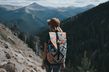trippy geometric print backpack on hike through mountains, created with generative aiの素材
