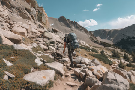 hiker climbing over rocky trail with backpack in view, created with generative aiの素材