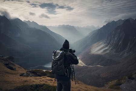 hiker, with backpack and camera, capturing stunning view of mountain range, created with generative aiの素材
